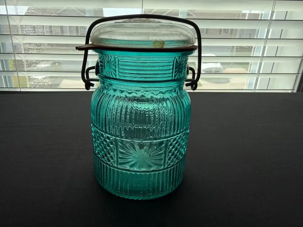 Vintage Avon Aqua Blue Glass Canning Jar Wire Bail Lid Starburst Embossed 1970s